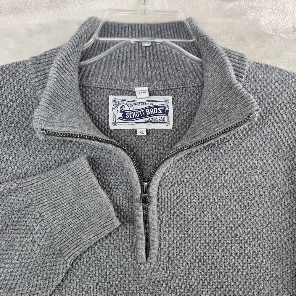 Schott Bros Sweater Mens XL Gray Quarter‎ Zip Cotton Textured Knit Pullover
